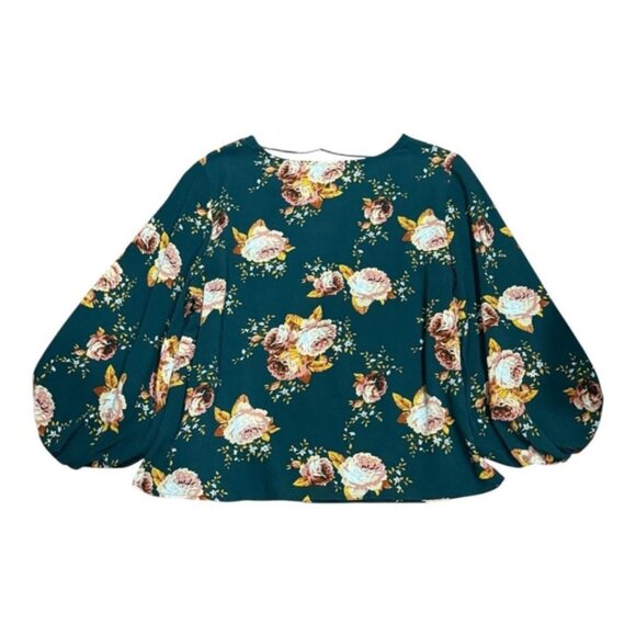 George Blouse Womens Large Green Floral Balloon Sleeve Pullover Crepe Top - Picture 7 of 7